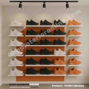 Floating Shoe Display Rack with White Shelves and Track Lights