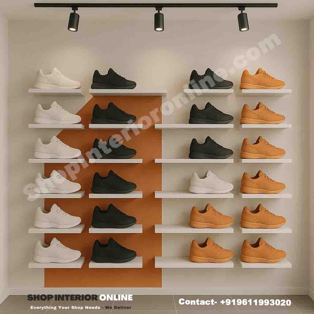 Floating Dual-Column Shoe Display Rack with White Shelves and Track Lights