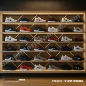 LED Shoe Display Rack with Wooden Finish and Warm White Backlight