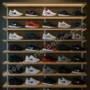 Adjustable Wooden Shoe Display Rack (8ft x 6ft) | Wall-Mounted Modular Shelf System with Mild Steel Channel Brackets & Warm LED Strip | Retail Footwear Display Unit