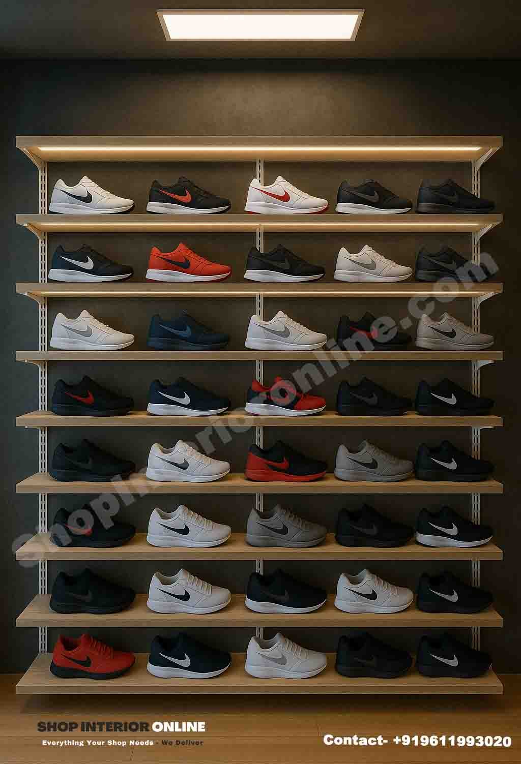 Adjustable Wooden Shoe Display Rack (8ft x 6ft) | Wall-Mounted Modular Shelf System with Mild Steel Channel Brackets & Warm LED Strip | Retail Footwear Display Unit