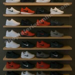Floating LED Shoe Display Rack with Warm White Lighting and Wood Finish