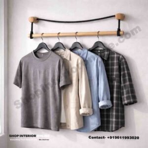 Minimal Rope-Mounted Wooden Cloth Hanger Bar (3ft Length) with Black Rope Wall Mount