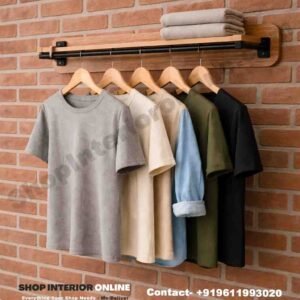 Wall-Mounted Wooden Shelf with MS Hanging Rod (3ft Length) for Shirt Display