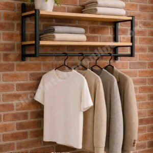Dual-Shelf Wall Mounted Display Rack with Engineered Wood Shelves and Matte Black Frame (3ft Length)